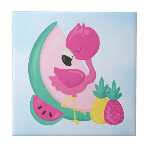 Pink Flamingo with Watermelon  Pineapples Ceramic Tile