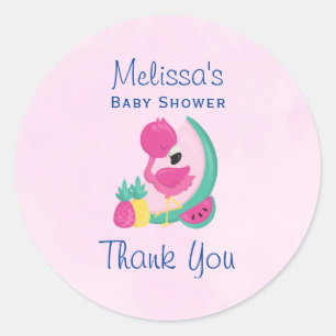 Pink Flamingo with Watermelon & Pineapples Classic Round Sticker