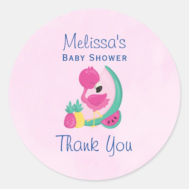 Pink Flamingo with Watermelon & Pineapples Classic Round Sticker (Front)