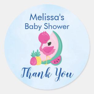 Pink Flamingo with Watermelon & Pineapples Classic Round Sticker