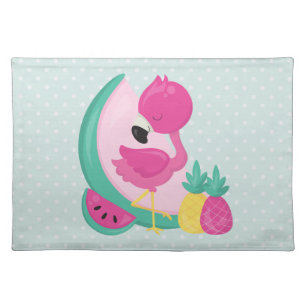 Pink Flamingo with Watermelon & Pineapples Cloth Placemat