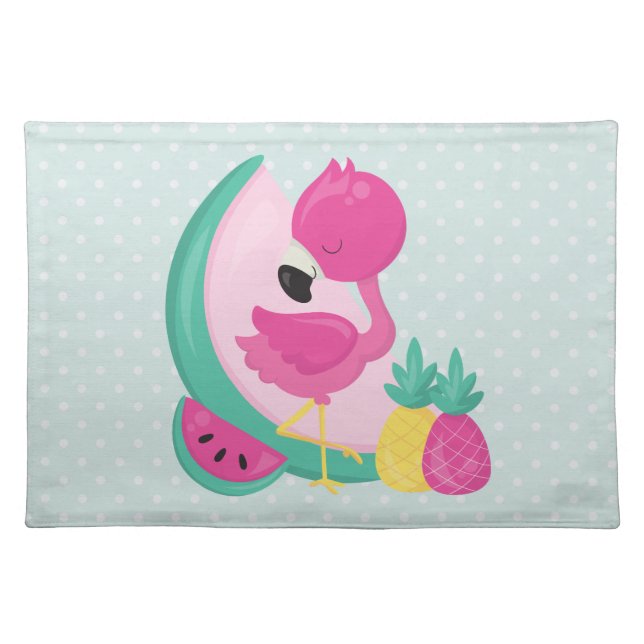 Pink Flamingo with Watermelon & Pineapples Cloth Placemat (Front)