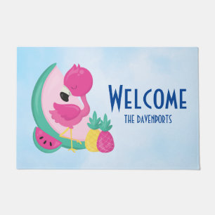 Pink Flamingo with Watermelon & Pineapples Doormat