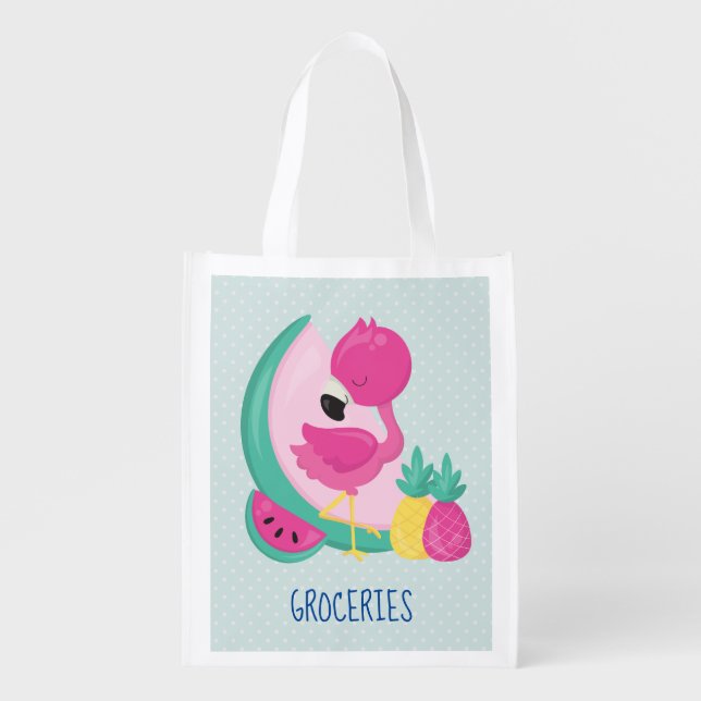Pink Flamingo with Watermelon & Pineapples Grocery Bag (Front)