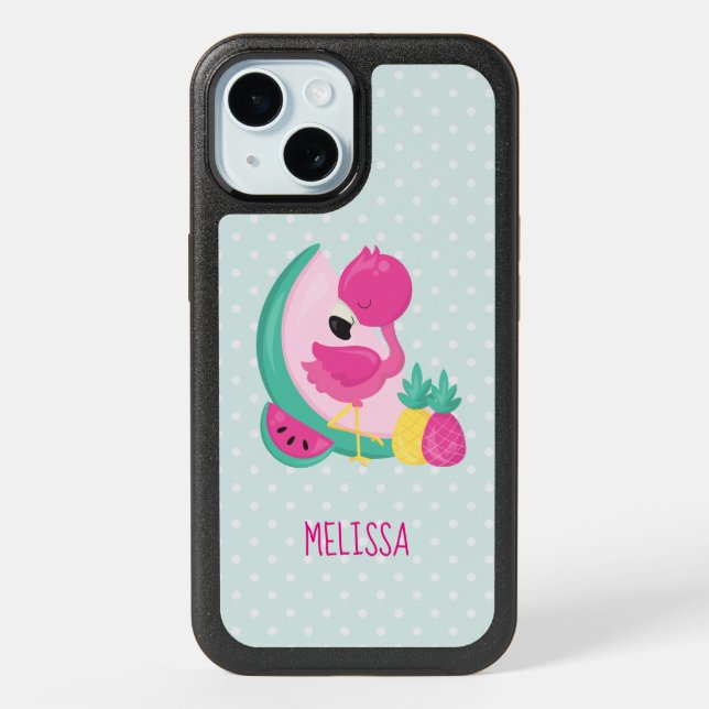 Pink Flamingo with Watermelon & Pineapples iPhone 15 Case (Back)