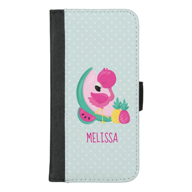 Pink Flamingo with Watermelon & Pineapples iPhone Wallet Case (Front)