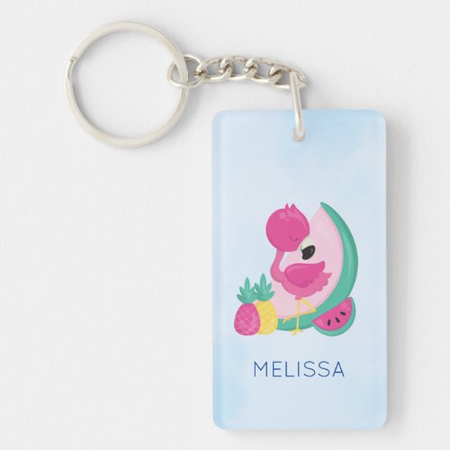 Pink Flamingo with Watermelon  Pineapples Keychain