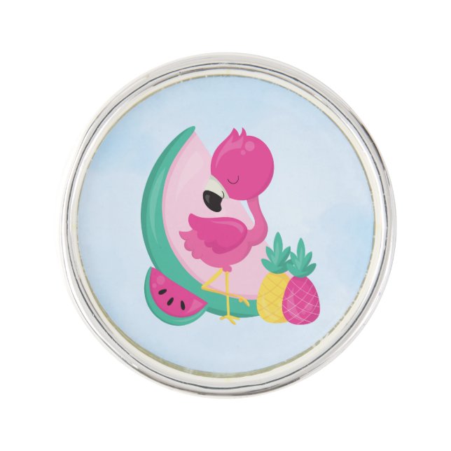 Pink Flamingo with Watermelon & Pineapples Lapel Pin (Front)