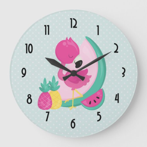 Pink Flamingo with Watermelon  Pineapples Large Clock