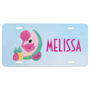 Pink Flamingo with Watermelon & Pineapples License Plate