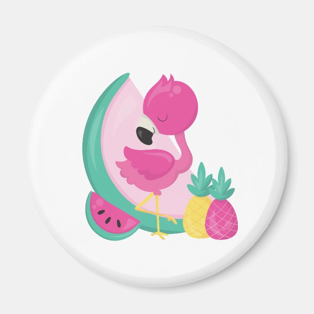 Pink Flamingo with Watermelon & Pineapples Magnet (Front)