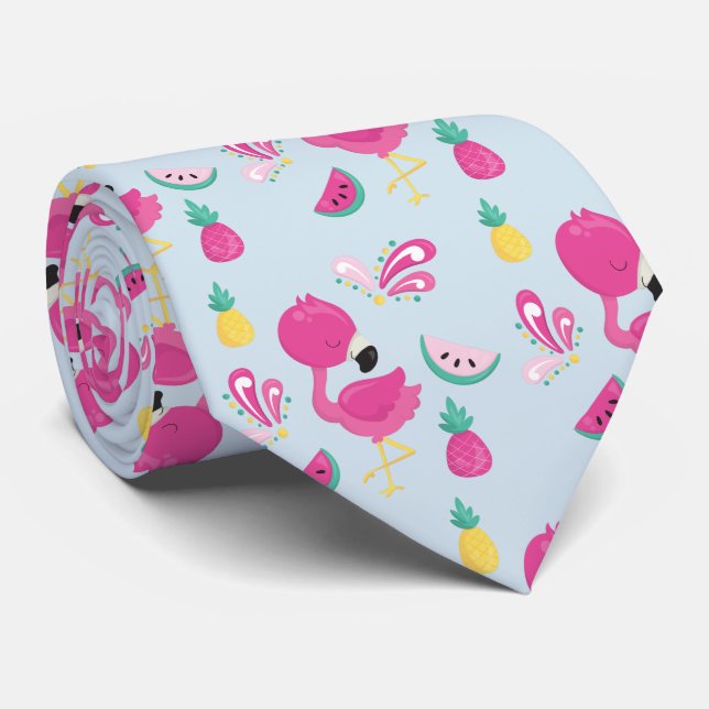 Pink Flamingo with Watermelon & Pineapples Neck Tie (Rolled)