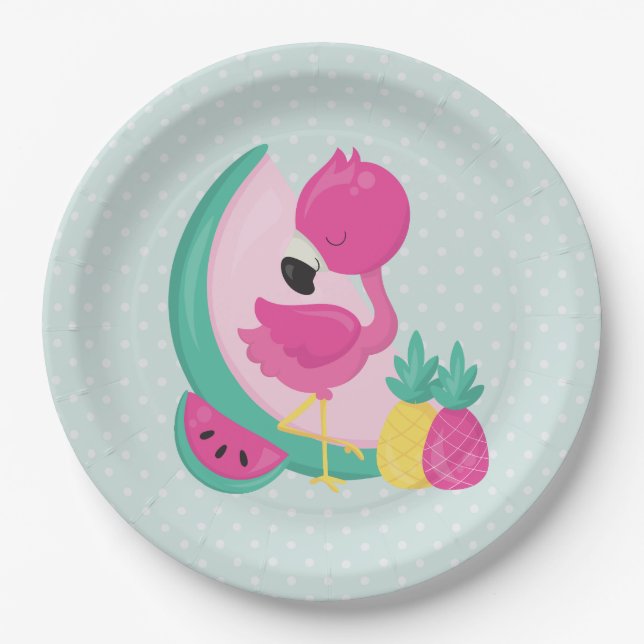 Pink Flamingo with Watermelon & Pineapples Paper Plates (Front)
