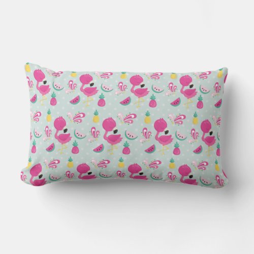 Pink Flamingo with Watermelon  Pineapples Pattern Lumbar Pillow