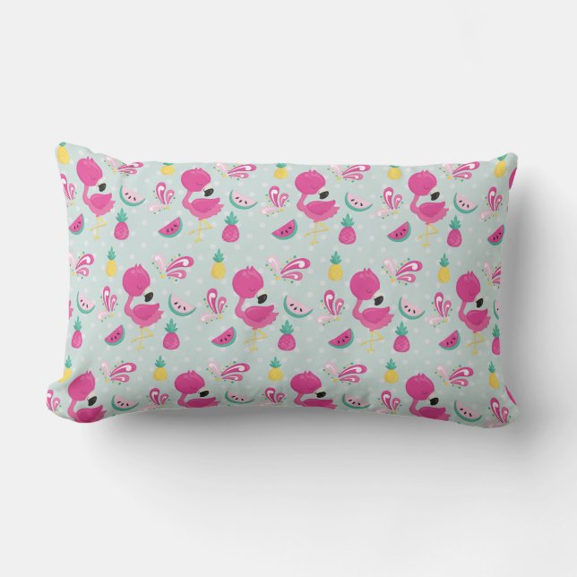 Pink Flamingo with Watermelon & Pineapples Pattern Lumbar Pillow (Front)