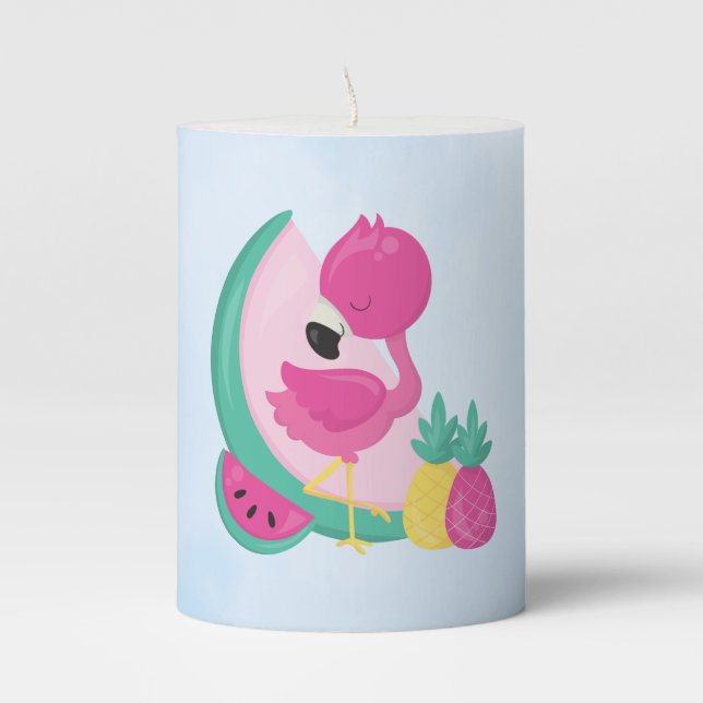 Pink Flamingo with Watermelon & Pineapples Pillar Candle (Front)