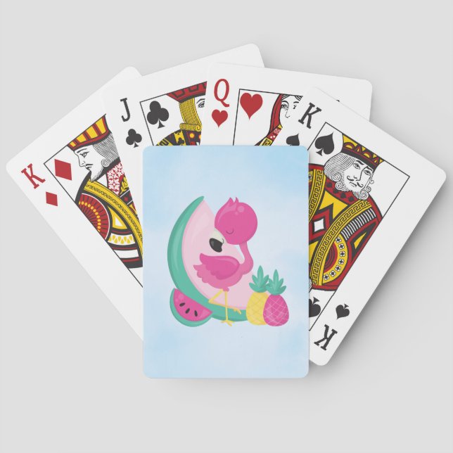 Pink Flamingo with Watermelon & Pineapples Poker Cards (Back)
