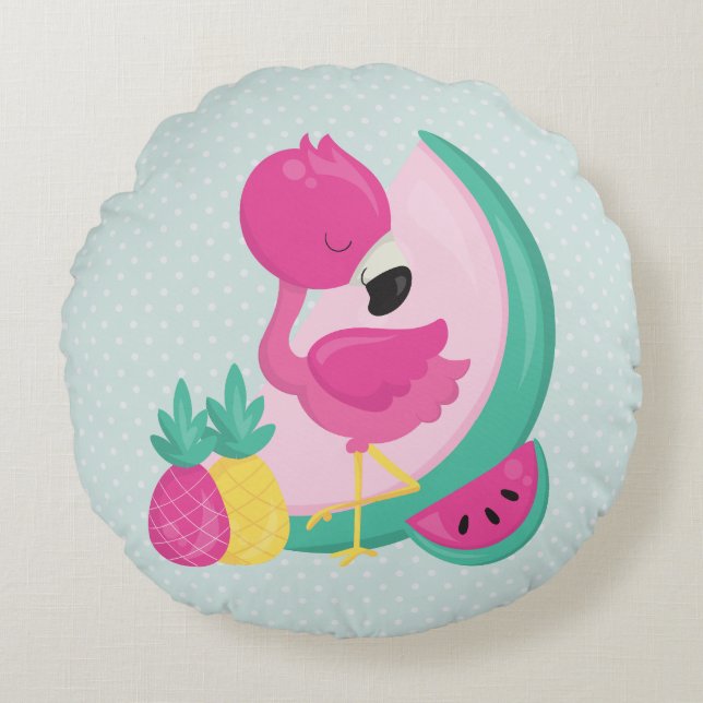 Pink Flamingo with Watermelon & Pineapples Round Pillow (Front)