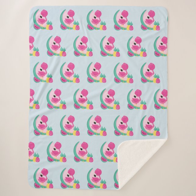 Pink Flamingo with Watermelon & Pineapples Sherpa Blanket (Front)