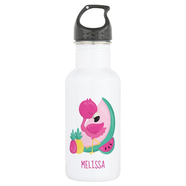 Pink Flamingo with Watermelon & Pineapples Stainless Steel Water Bottle (Front)