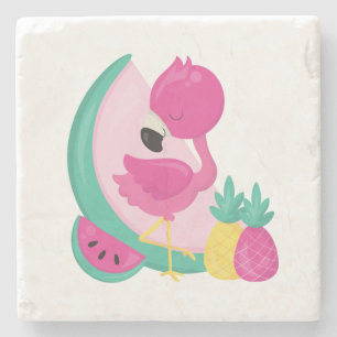 Pink Flamingo with Watermelon & Pineapples Stone Coaster