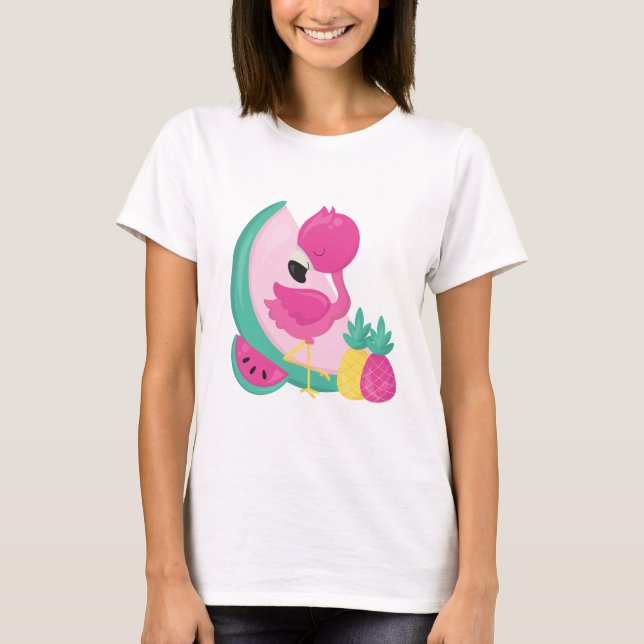 Pink Flamingo with Watermelon & Pineapples T-Shirt (Front)