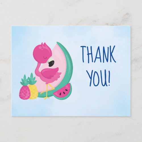 Pink Flamingo with Watermelon  Pineapples Thanks Postcard