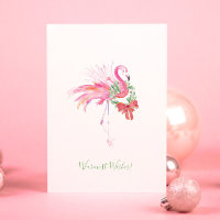 Pink Flamingo with Wreath beach Christmas Card