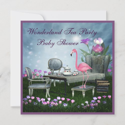 Pink Flamingo Wonderland Tea Party Baby Shower Invitation