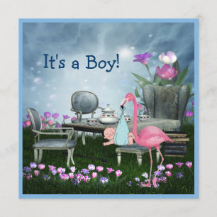 Pink Flamingo Wonderland Tea Party Boy Baby Shower Invitation