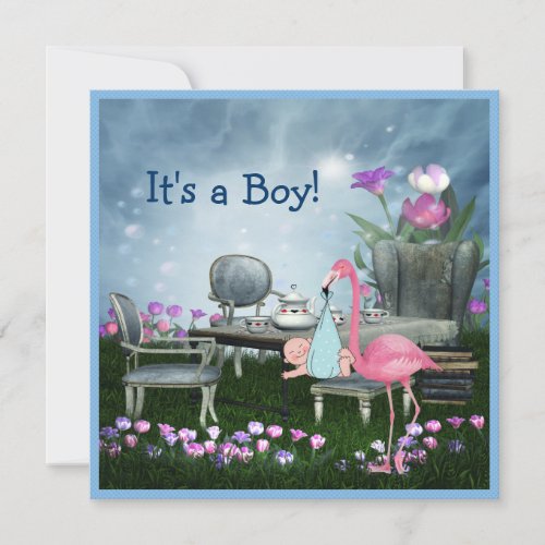 Pink Flamingo Wonderland Tea Party Boy Baby Shower Invitation