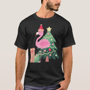 Pink Flamingo Xmas Tree Tropical Summer Christmas  T-Shirt