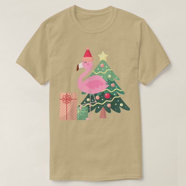 Pink Flamingo Xmas Tree Tropical Summer Christmas  T-Shirt (Design Front)