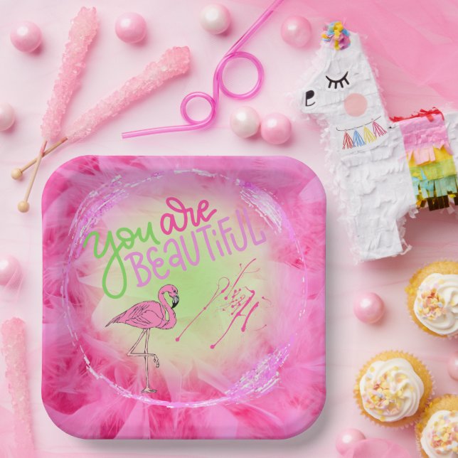 Pink Flamingo You Are Beautiful Inspirational  Paper Plates (Party)