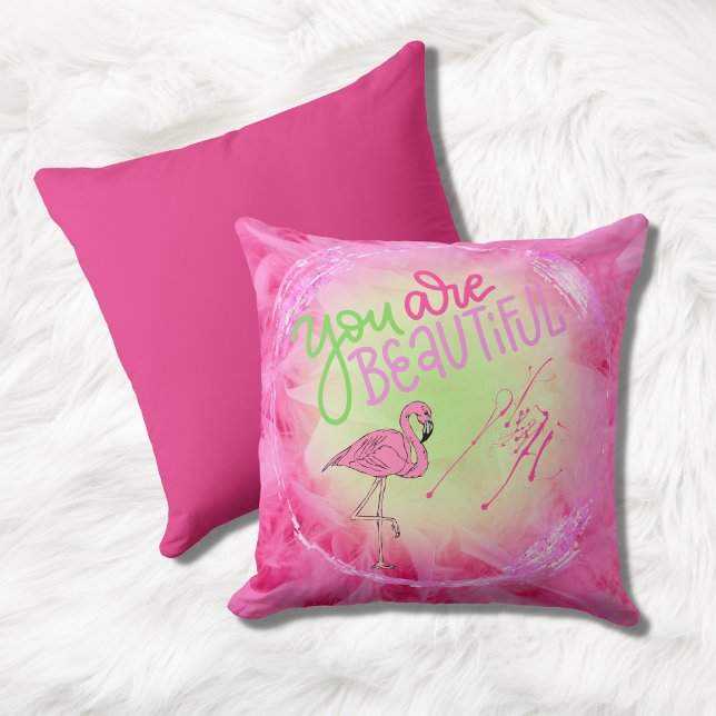 Pink Flamingo You Are Beautiful Inspirational Throw Pillow (Creator Uploaded)
