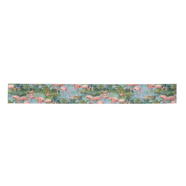 Pink Flamingoes in a Tropical Blue Lagoon Ribbon (Front)