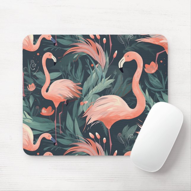 Pink Flamingoes In Ferns Mouse Pad (With Mouse)