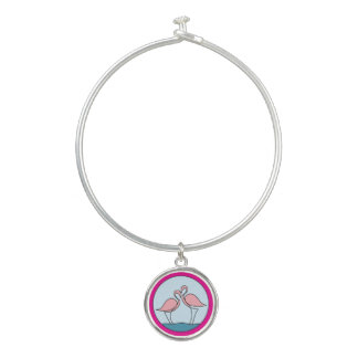 Pink Flamingoes Round Art, Your Photo or Logo Bangle Bracelet