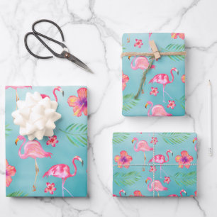 Pink Flamingoes & Tropical Pink Hibiscus Flower Wrapping Paper Sheets