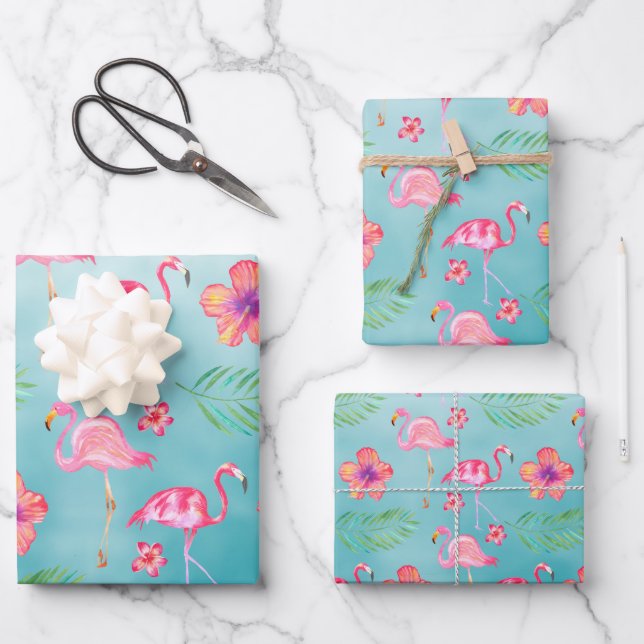 Pink Flamingoes & Tropical Pink Hibiscus Flower Wrapping Paper Sheets (Front)