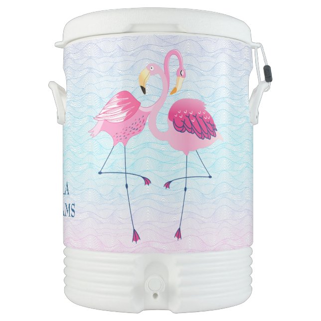Pink Flamingos And Abstract Beach Water Waves Beverage Cooler (Front)