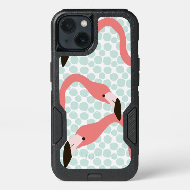 Pink Flamingos and Blue Dots Whimsical Otterbox iPhone Case (Back)
