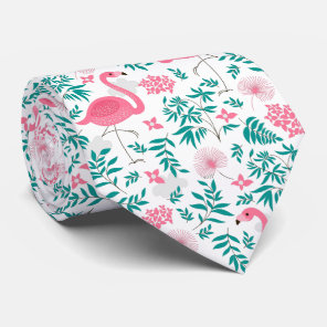Pink Flamingos And Flowers Pattern Tie