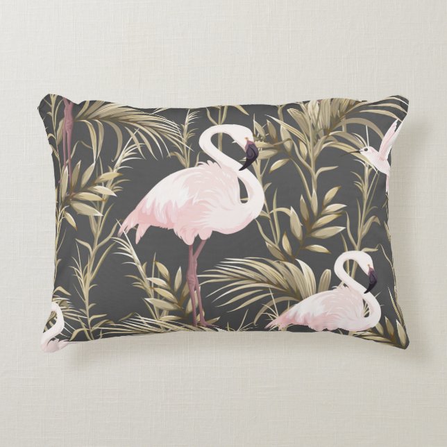 Pink flamingos and golden plants seamless pattern accent pillow (Front)