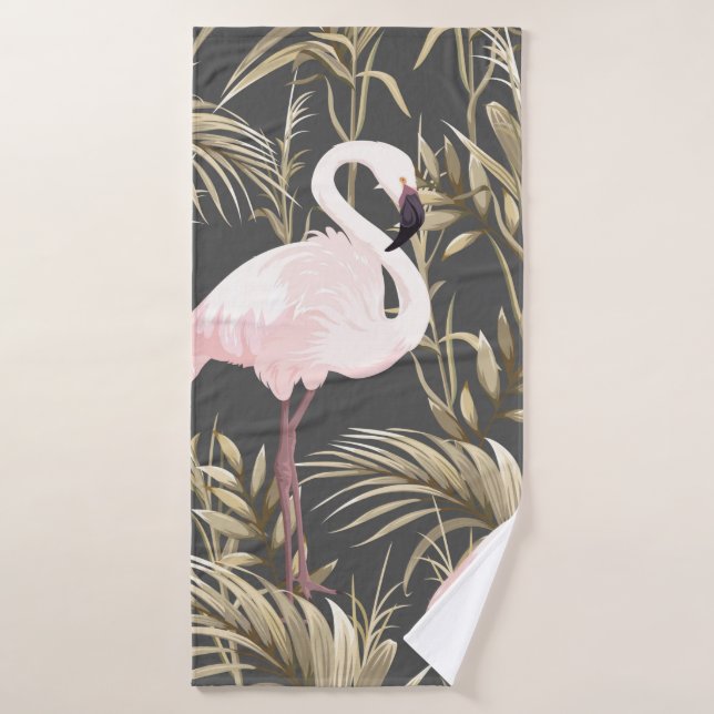 Pink flamingos and golden plants seamless pattern bath towel (Bath Towel)