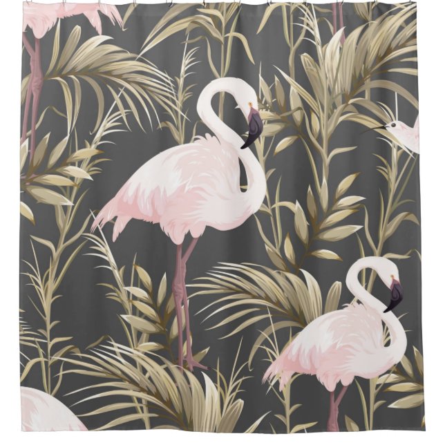Pink flamingos and golden plants seamless pattern shower curtain (Front)