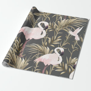 Pink flamingos and golden plants seamless pattern wrapping paper