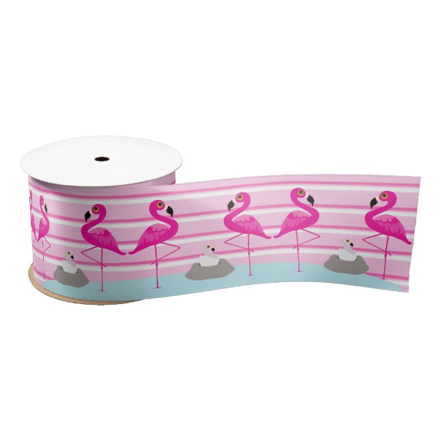 Pink flamingos and hatching baby pink strip ribbon (Spool)