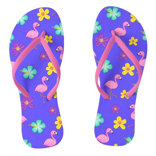Pink Flamingos and Hibiscus Tropical Floral Flip Flops