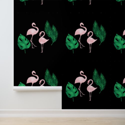 Pink Flamingos and Palm Leaves on Black Wallpaper